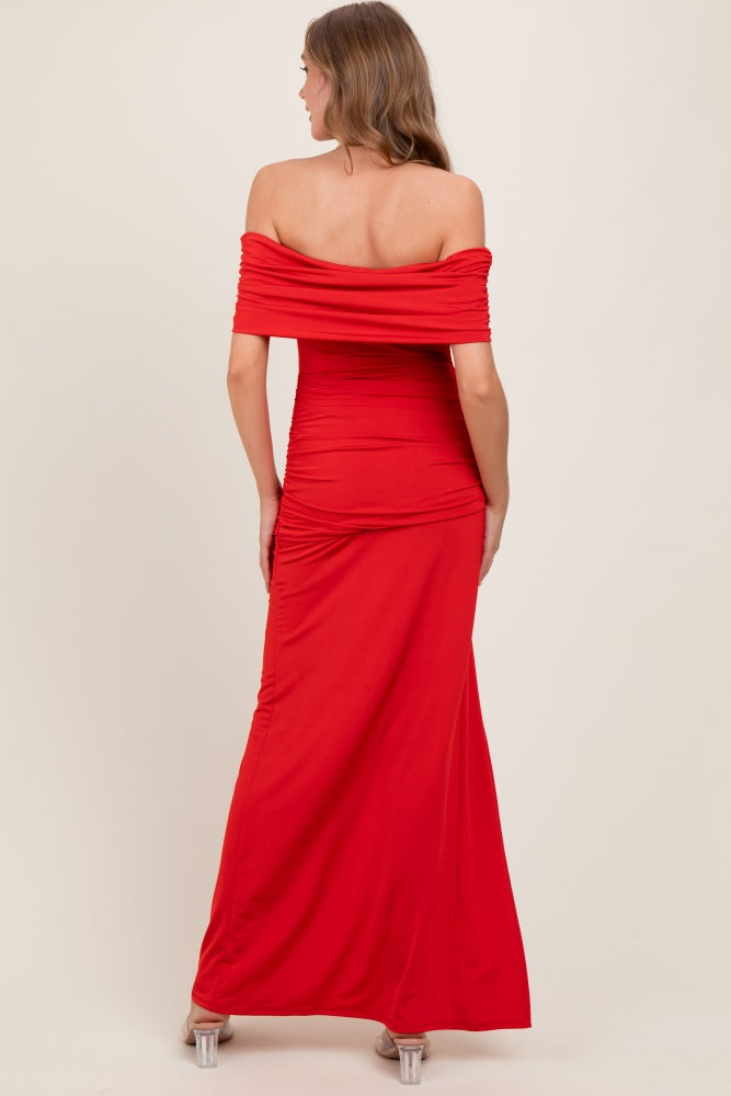 Red Foldover Off Shoulder Ruched High Slit Maxi Dress Red Foldover Off Shoulder Ruched High Slit Maxi Dress