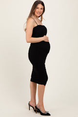 Black Ruched Mesh Sleeveless Maternity Midi Dress