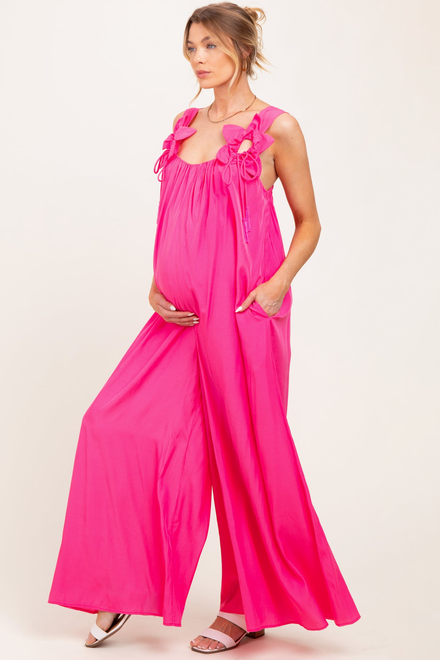 Pink Wide-Leg Sleeveless Bow Tie Straps Maternity Jumpsuit