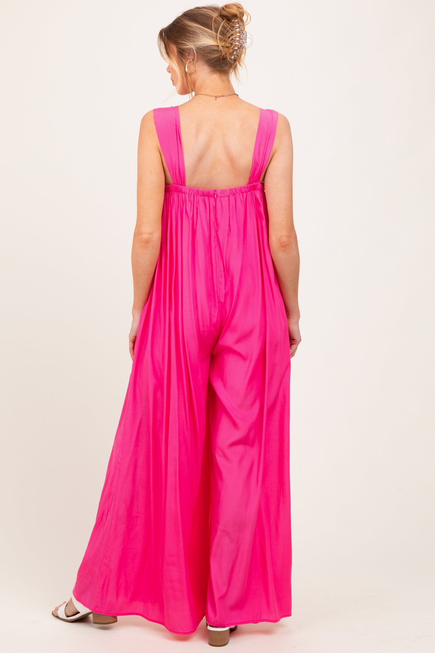 Pink Wide-Leg Sleeveless Bow Tie Straps Maternity Jumpsuit
