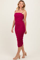Magenta Ruched Mesh Sleeveless Midi Dress