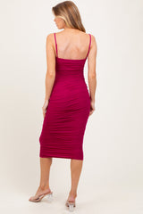 Magenta Ruched Mesh Sleeveless Maternity Midi Dress