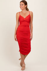 Red Ruched Sweetheart Neckline Midi Dress