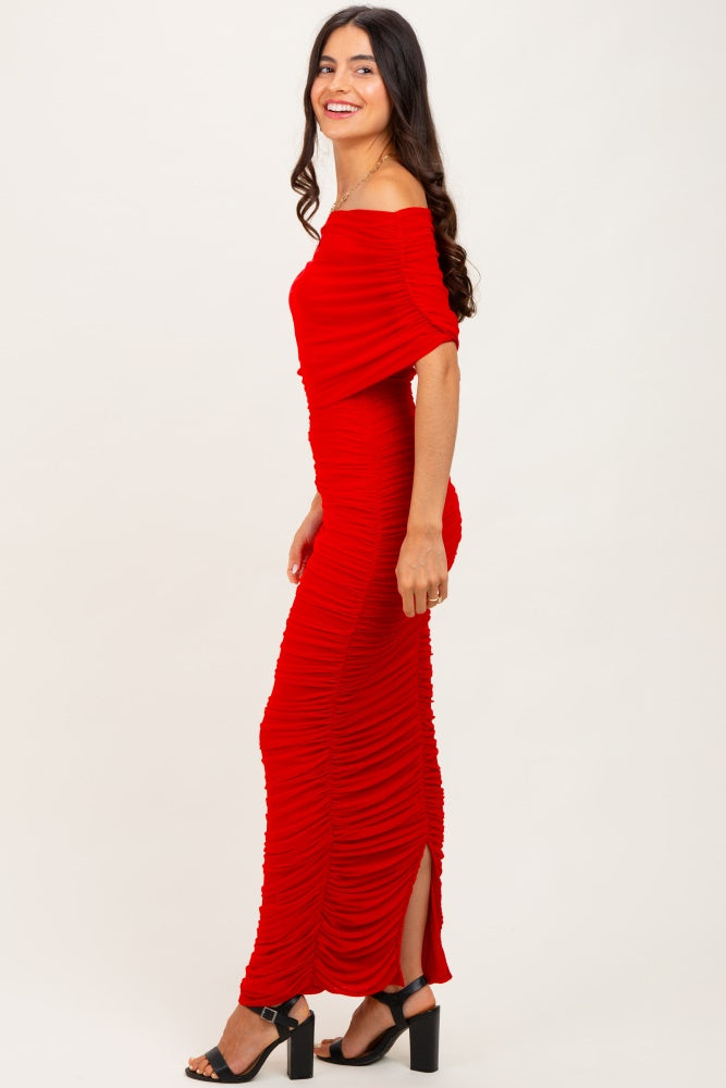 Red Ruched Mesh Foldover Off Shoulder Maxi Dress