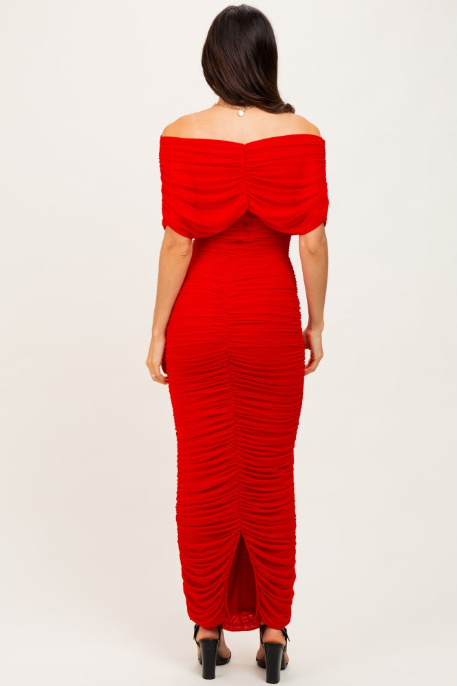 Red Ruched Mesh Foldover Off Shoulder Maxi Dress