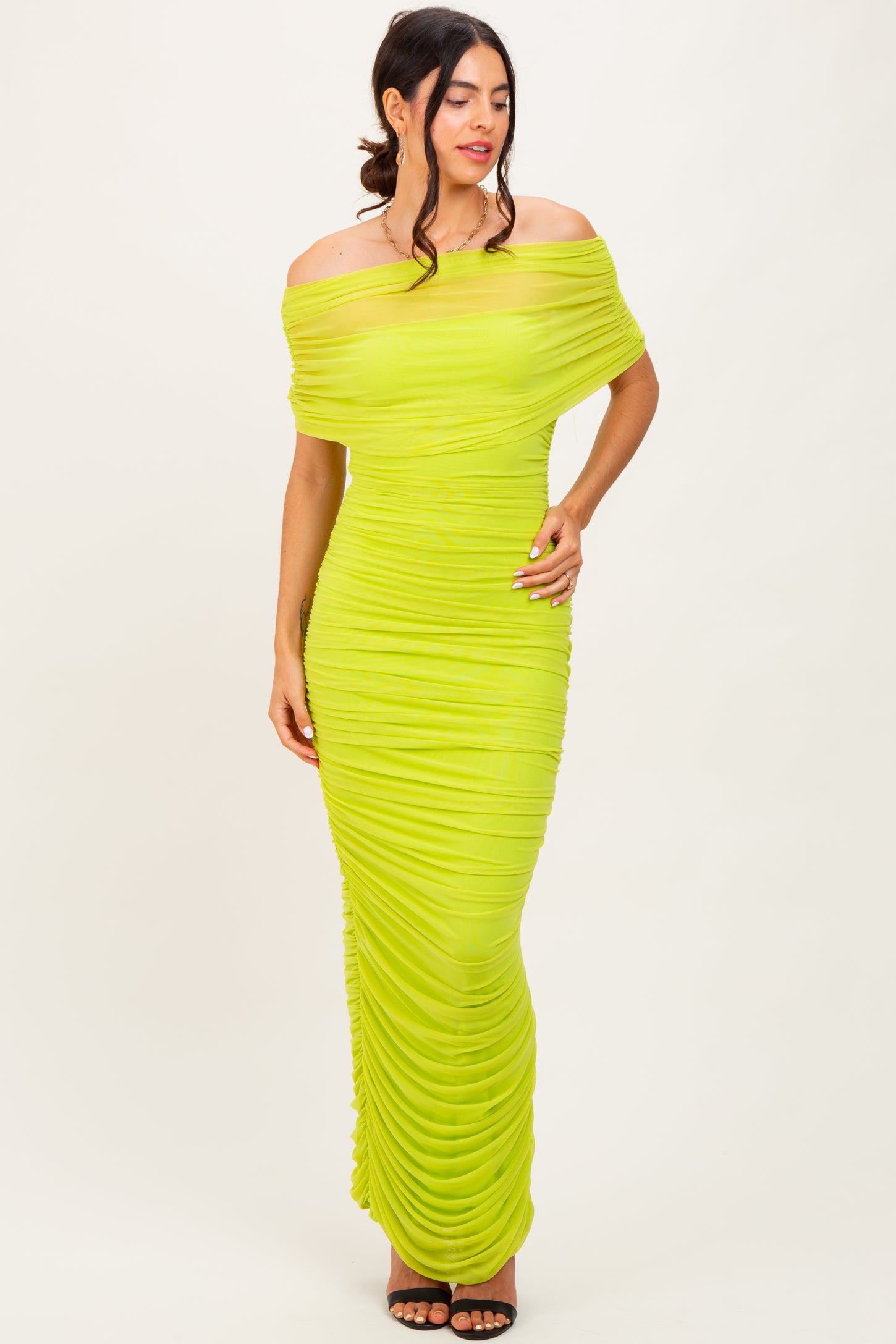 Lime Ruched Mesh Foldover Off Shoulder Maxi Dress