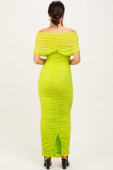 Lime Ruched Mesh Foldover Off Shoulder Maxi Dress