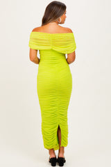 Lime Ruched Mesh Foldover Off Shoulder Maternity Maxi Dress