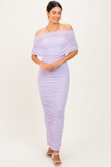 Lavender Ruched Mesh Foldover Off Shoulder Maternity Maxi Dress
