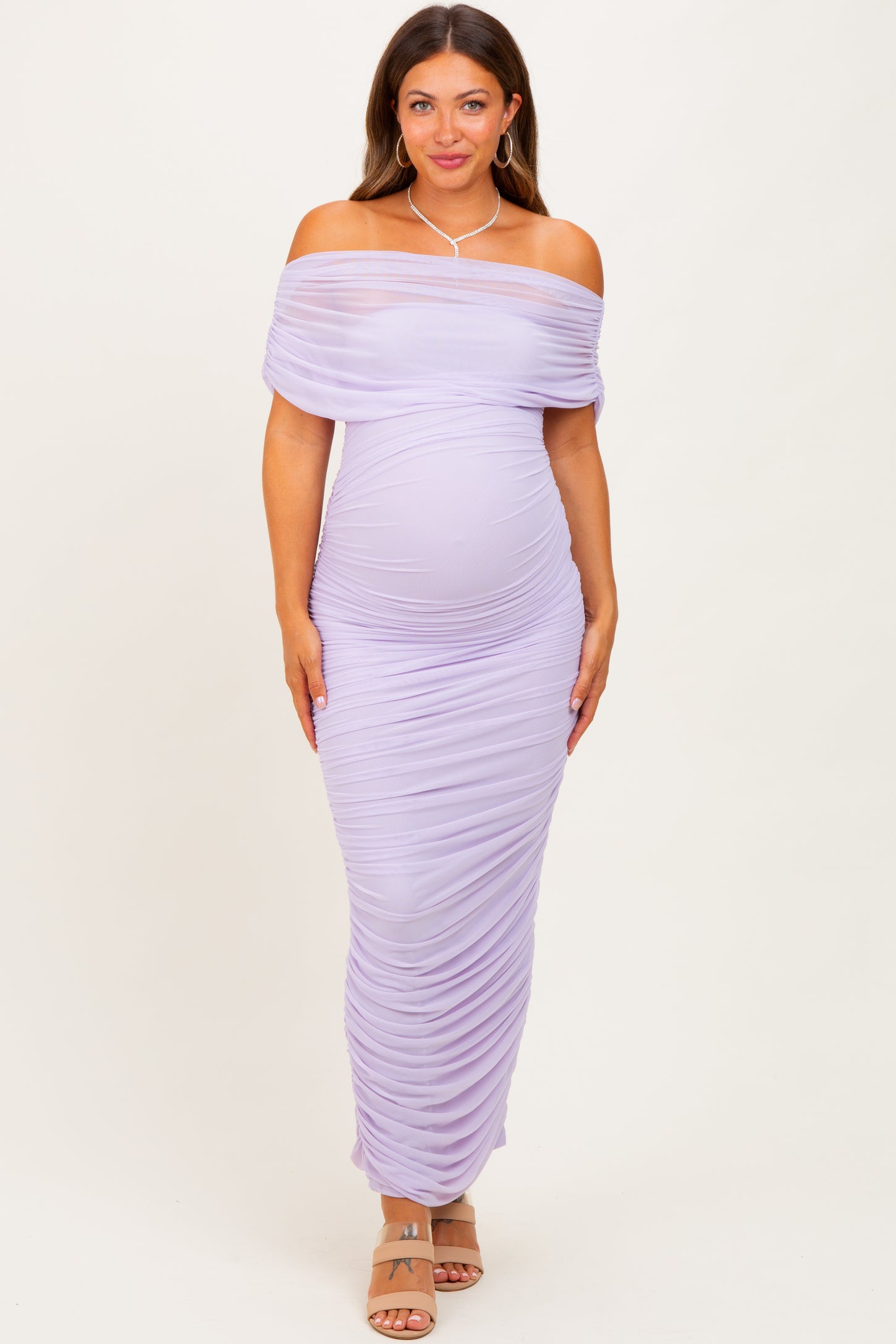 Lavender Ruched Mesh Foldover Off Shoulder Maternity Maxi Dress