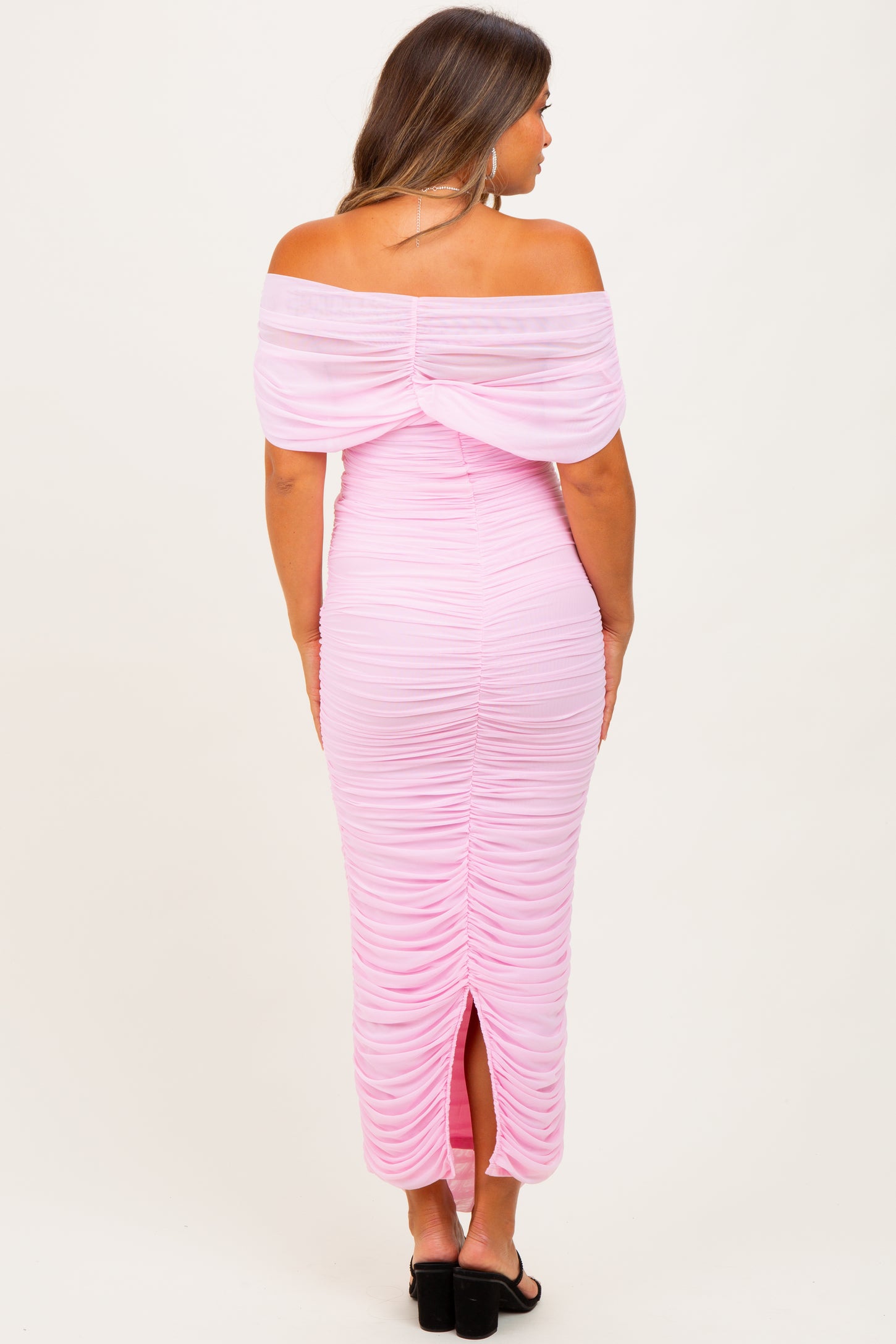 Light Pink Ruched Mesh Foldover Off Shoulder Maternity Maxi Dress – PinkBlush
