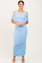 Light Blue Ruched Mesh Foldover Off Shoulder Maxi Dress