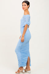 Light Blue Ruched Mesh Foldover Off Shoulder Maxi Dress