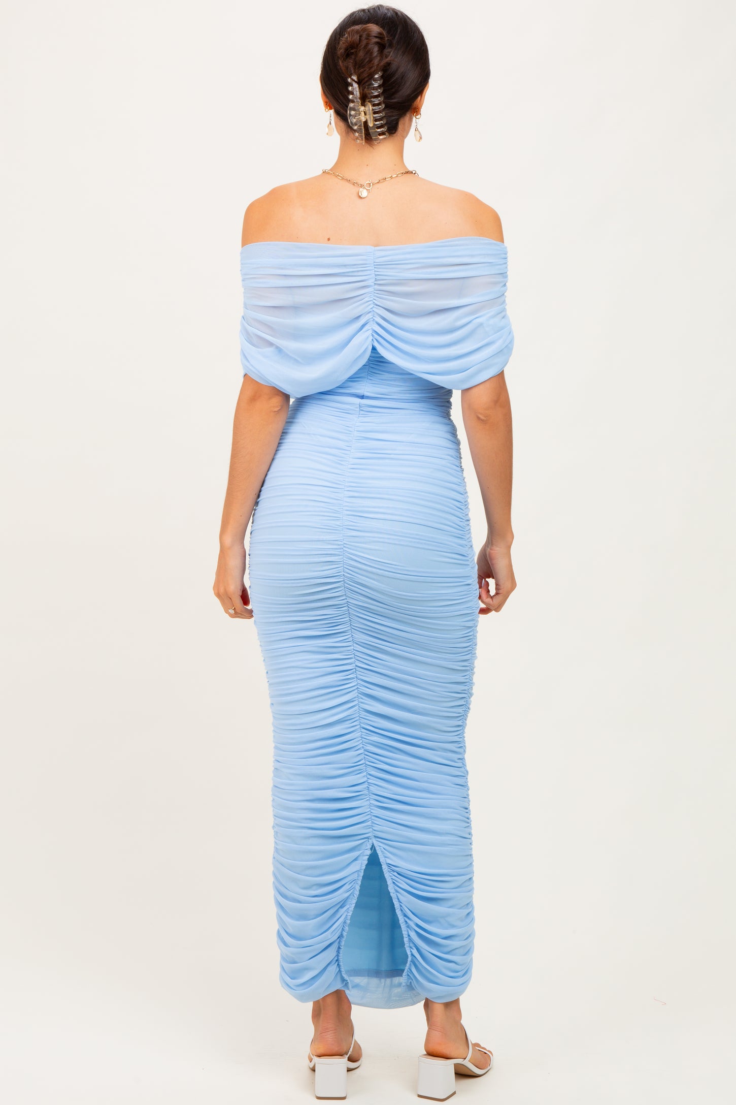 Light Blue Ruched Mesh Foldover Off Shoulder Maxi Dress – PinkBlush