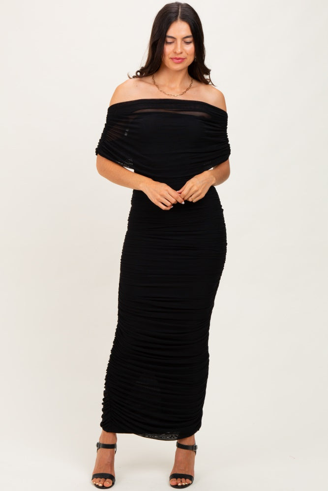 Black Ruched Mesh Foldover Off Shoulder Maxi Dress PinkBlush Black Ruched Mesh Foldover Off Shoulder Maxi Dress PinkBlush