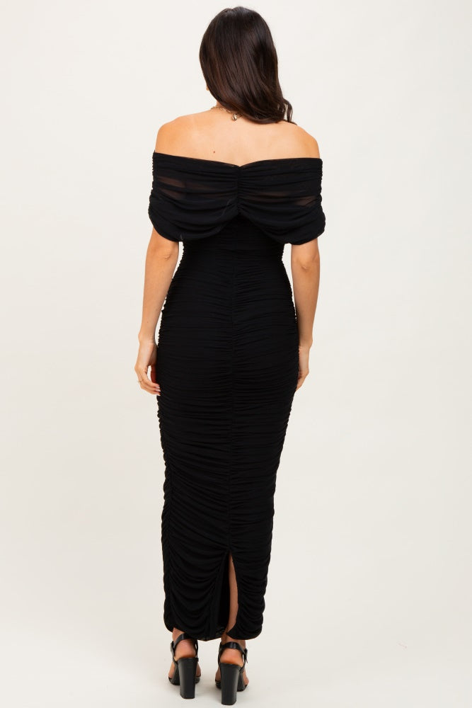 Black Ruched Mesh Foldover Off Shoulder Maxi Dress