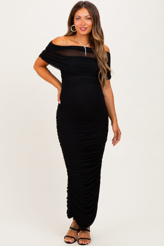 Black Ruched Mesh Foldover Off Shoulder Maternity Maxi Dress PinkBlush Black Ruched Mesh Foldover Off Shoulder Maternity Maxi Dress PinkBlush