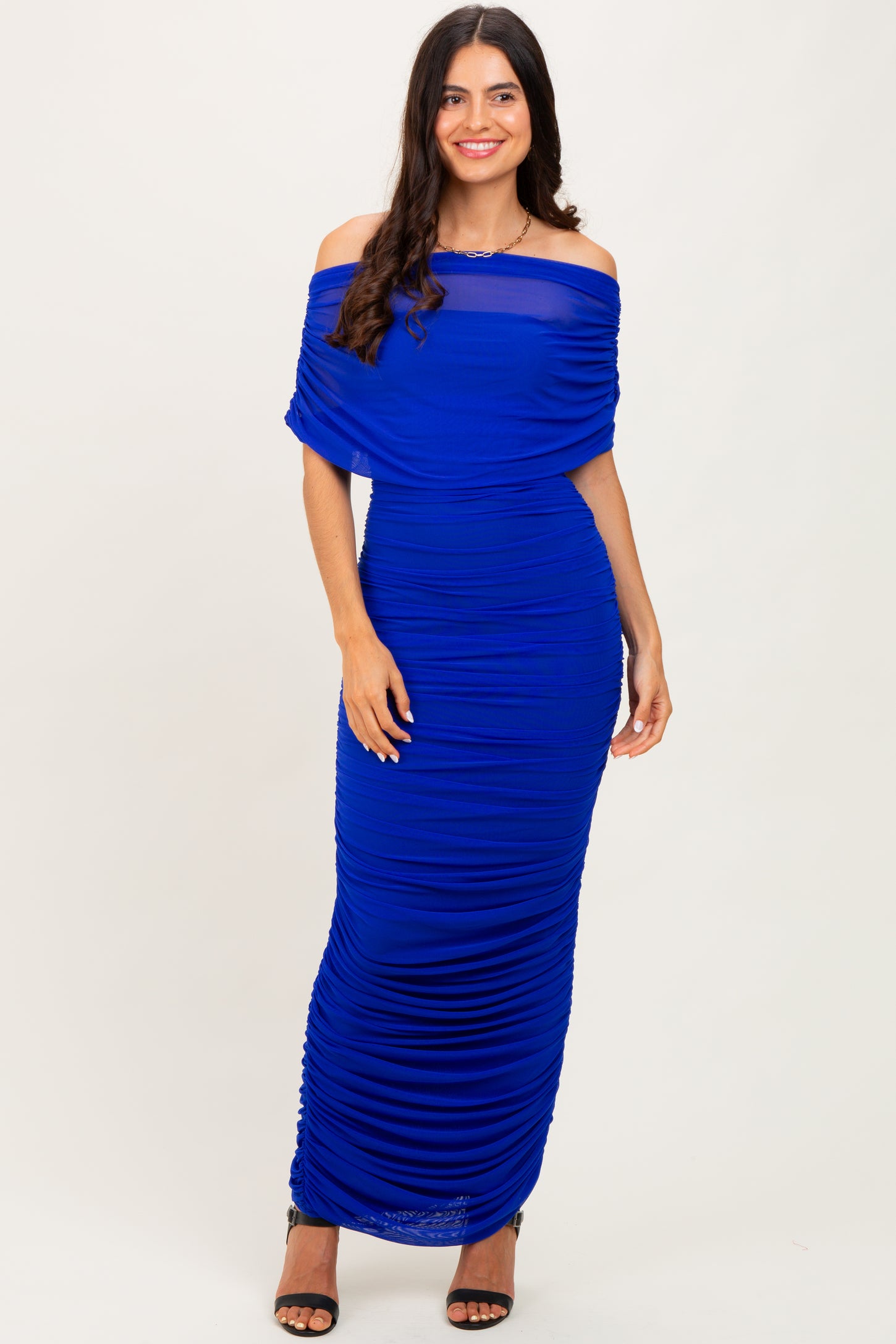Royal Ruched Mesh Foldover Off Shoulder Maternity Maxi Dress