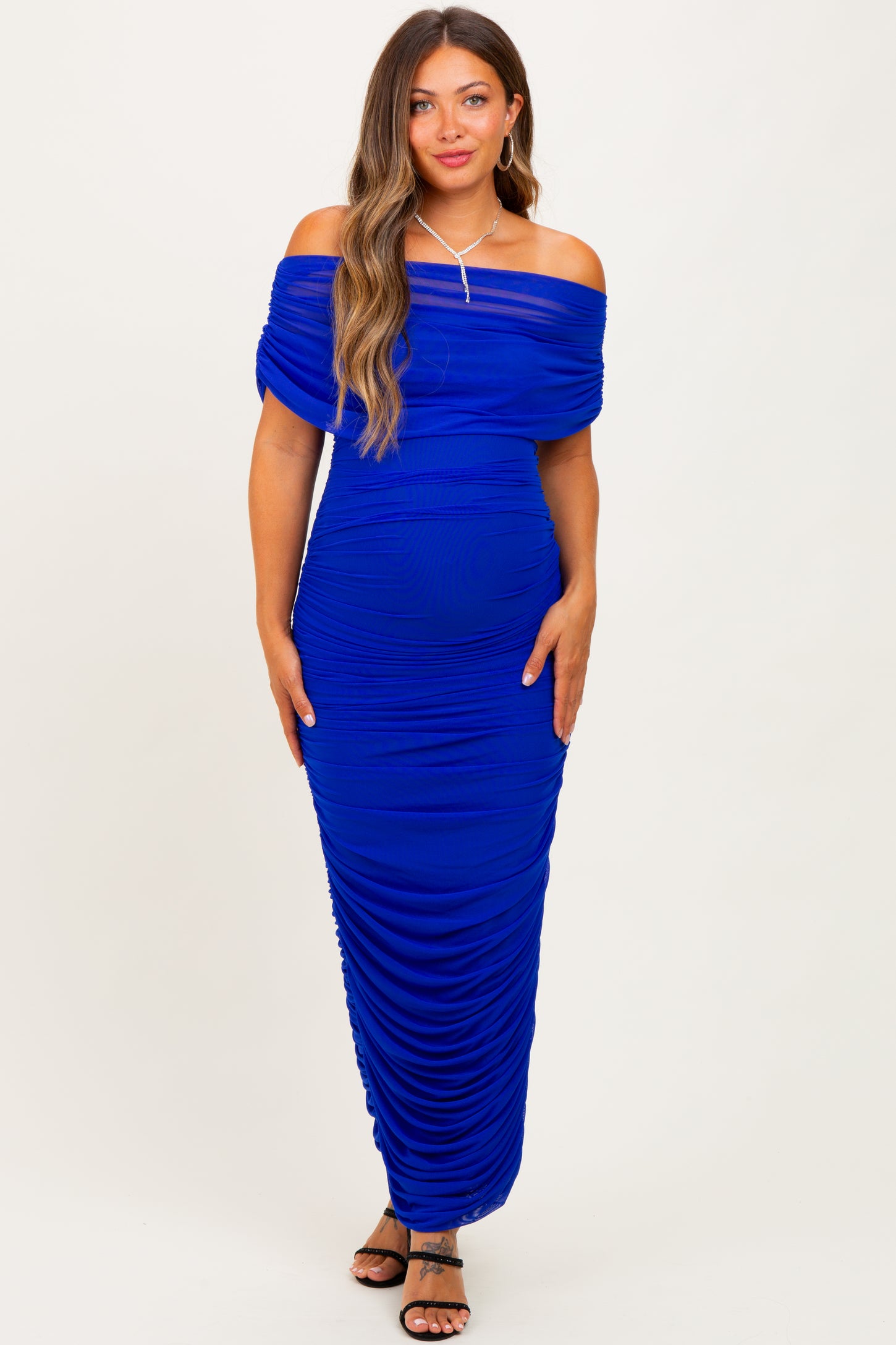 Royal Ruched Mesh Foldover Off Shoulder Maternity Maxi Dress