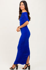 Royal Ruched Mesh Foldover Off Shoulder Maxi Dress