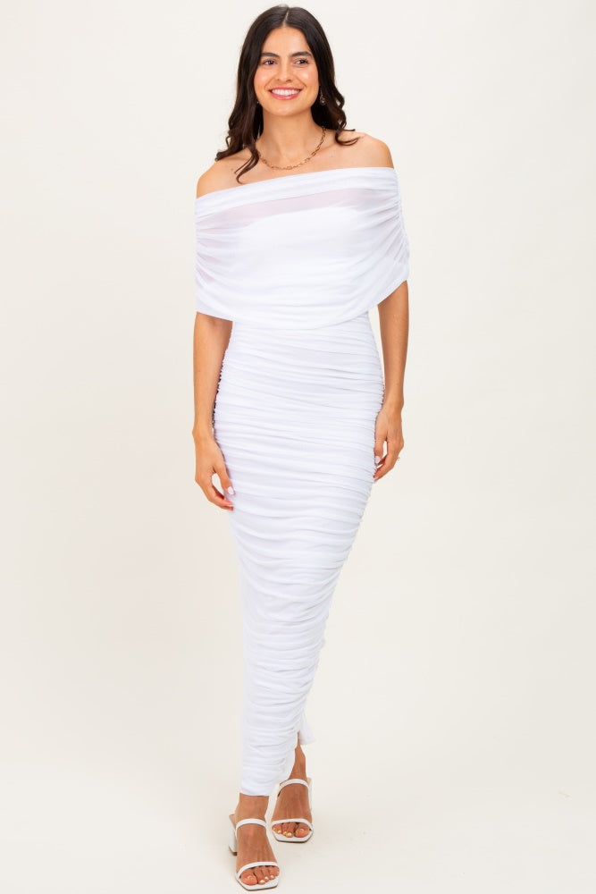 White Ruched Mesh Foldover Off Shoulder Maxi Dress