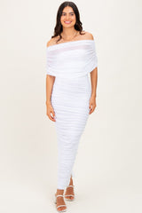 White Ruched Mesh Foldover Off Shoulder Maxi Dress