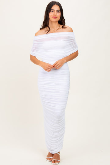 White Ruched Mesh Foldover Off Shoulder Maxi Dress
