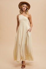 Cream Smocked One Shoulder Maxi Dress