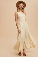 Cream Smocked One Shoulder Maxi Dress