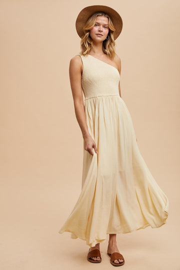 Cream Smocked One Shoulder Maxi Dress