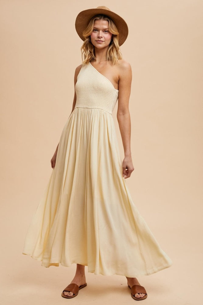 Cream Smocked One Shoulder Maxi Dress