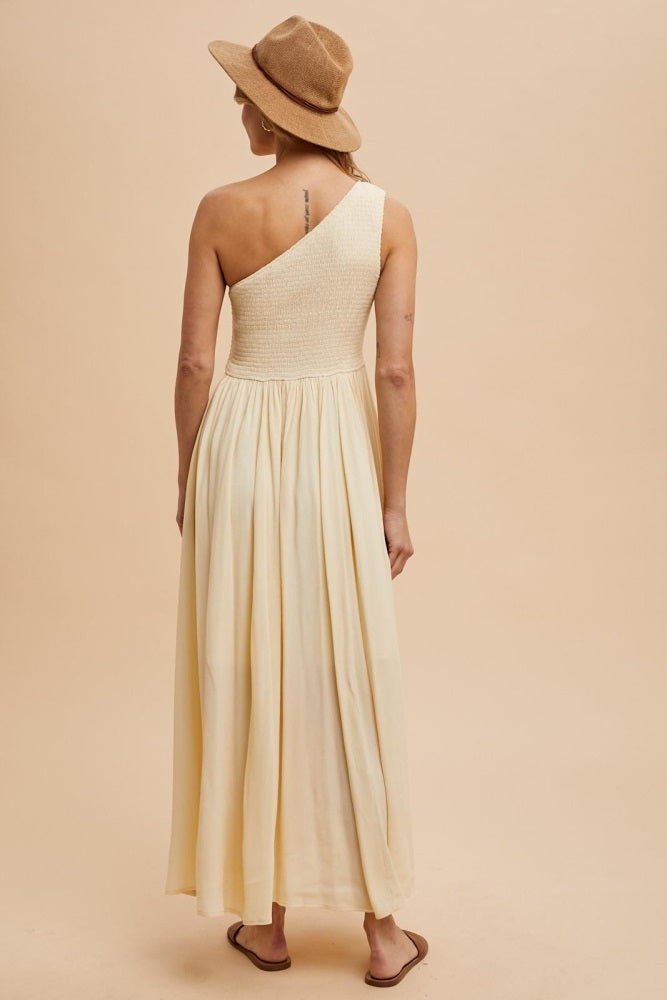 Cream Smocked One Shoulder Maxi Dress