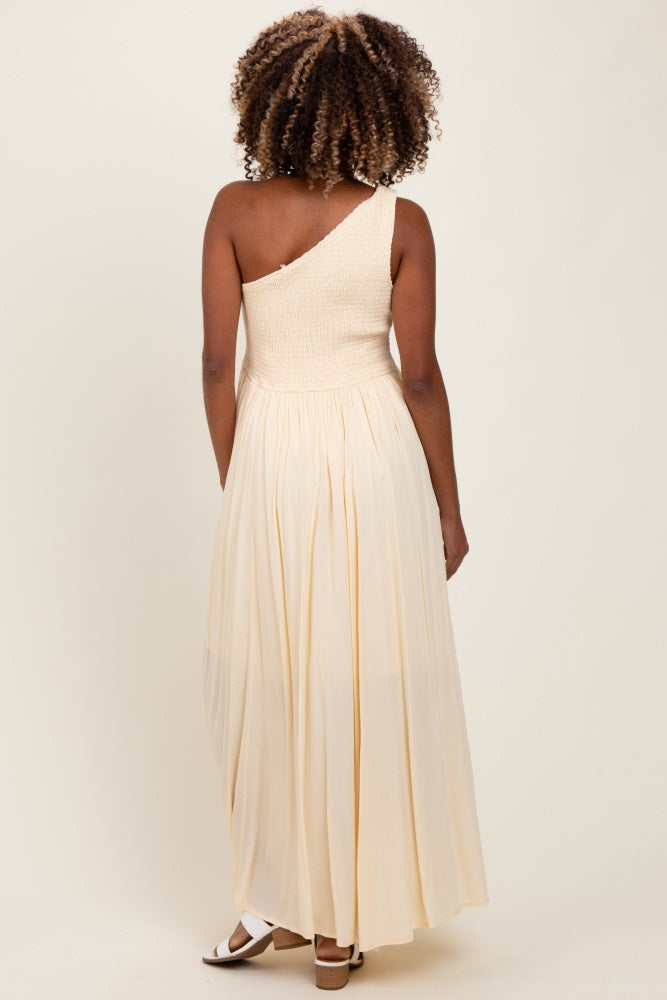 Cream Smocked One Shoulder Maternity Maxi Dress