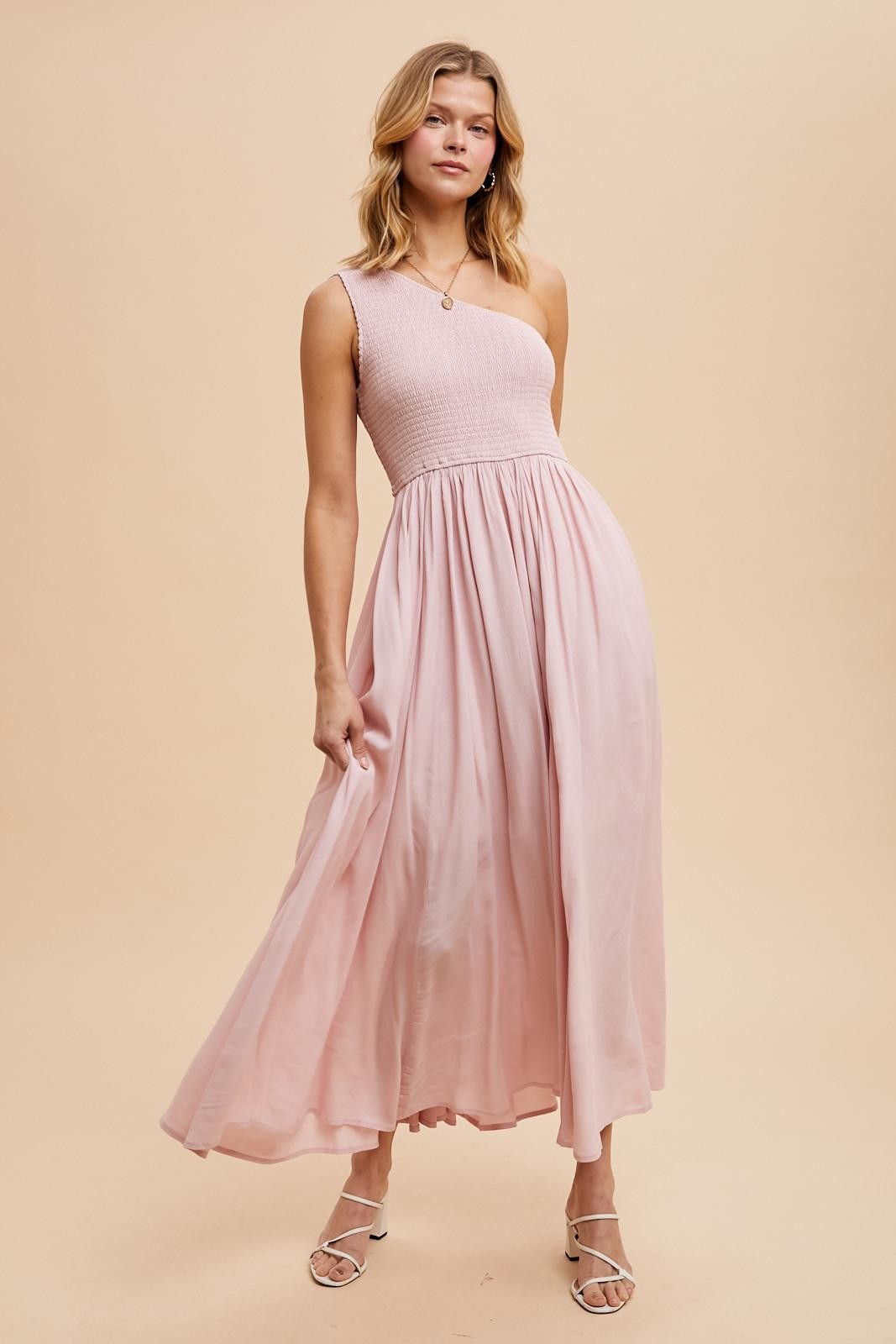 smocked one shoulder maxi dress Del Mar Smocked One Shoulder Lys Maxi Dress WHITE-BLACK / M by Sugarlips