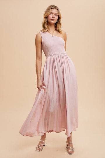 Light Pink Smocked One Shoulder Maxi Dress