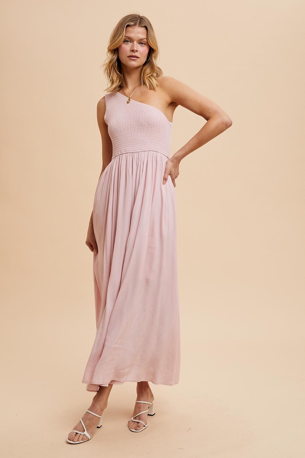 Light Pink Smocked One Shoulder Maxi Dress PinkBlush Light Pink Smocked One Shoulder Maxi Dress PinkBlush