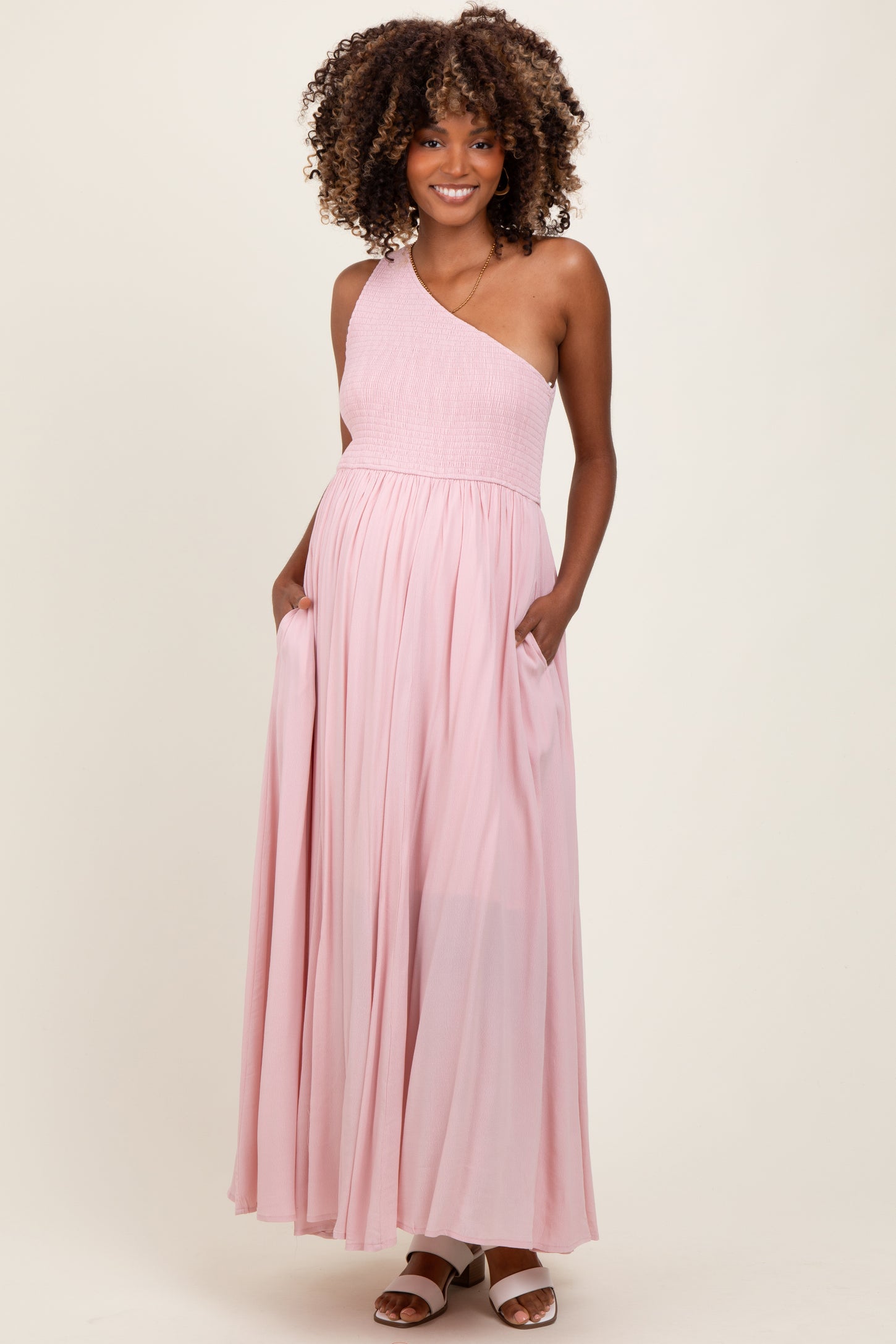 Light Pink Smocked One Shoulder Maternity Maxi Dress PinkBlush Light Pink Smocked One Shoulder Maternity Maxi Dress PinkBlush