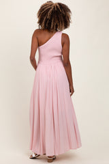 Light Pink Smocked One Shoulder Maternity Maxi Dress
