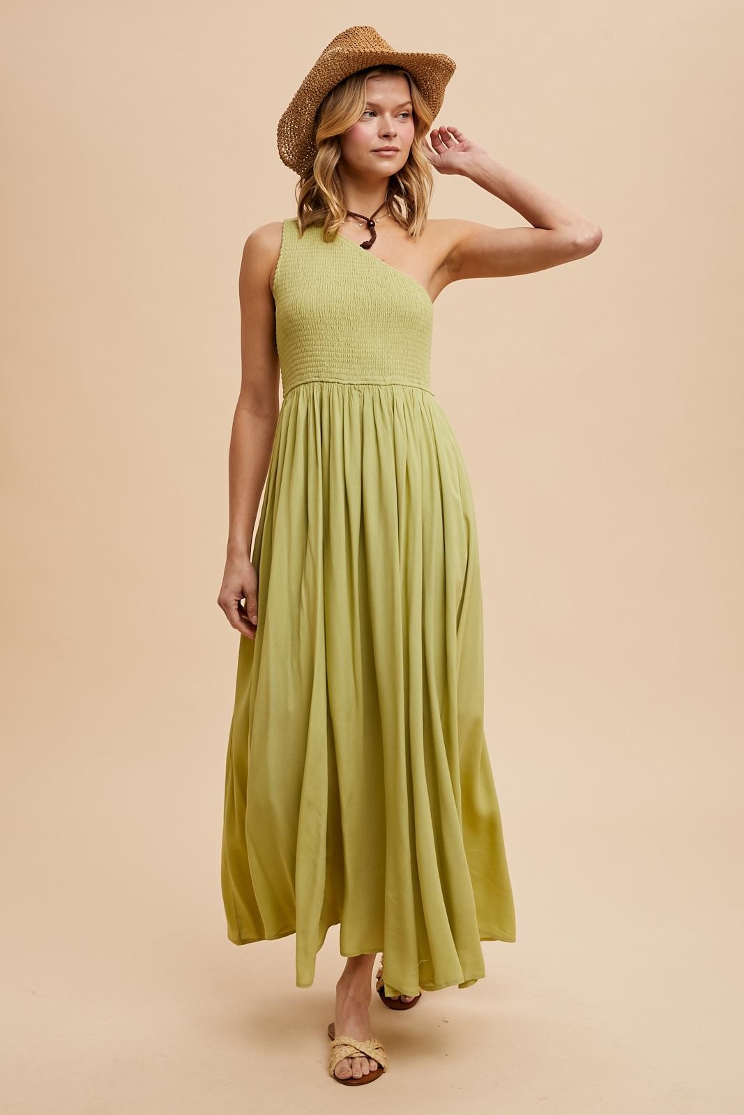 smocked one shoulder maxi dress Women's Maxi One-Shoulder Smocked Linen Dress, Ocean