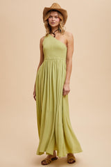 Green Smocked One Shoulder Maxi Dress