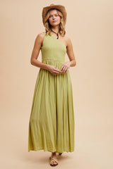 Green Smocked One Shoulder Maxi Dress