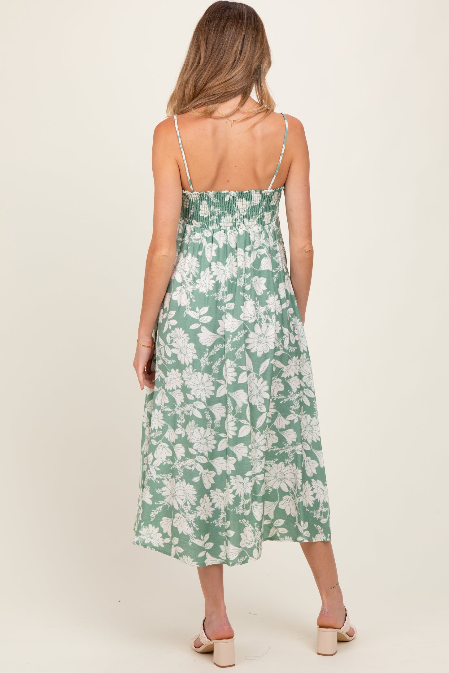 Light Olive Floral Sleeveless Maternity Midi Dress