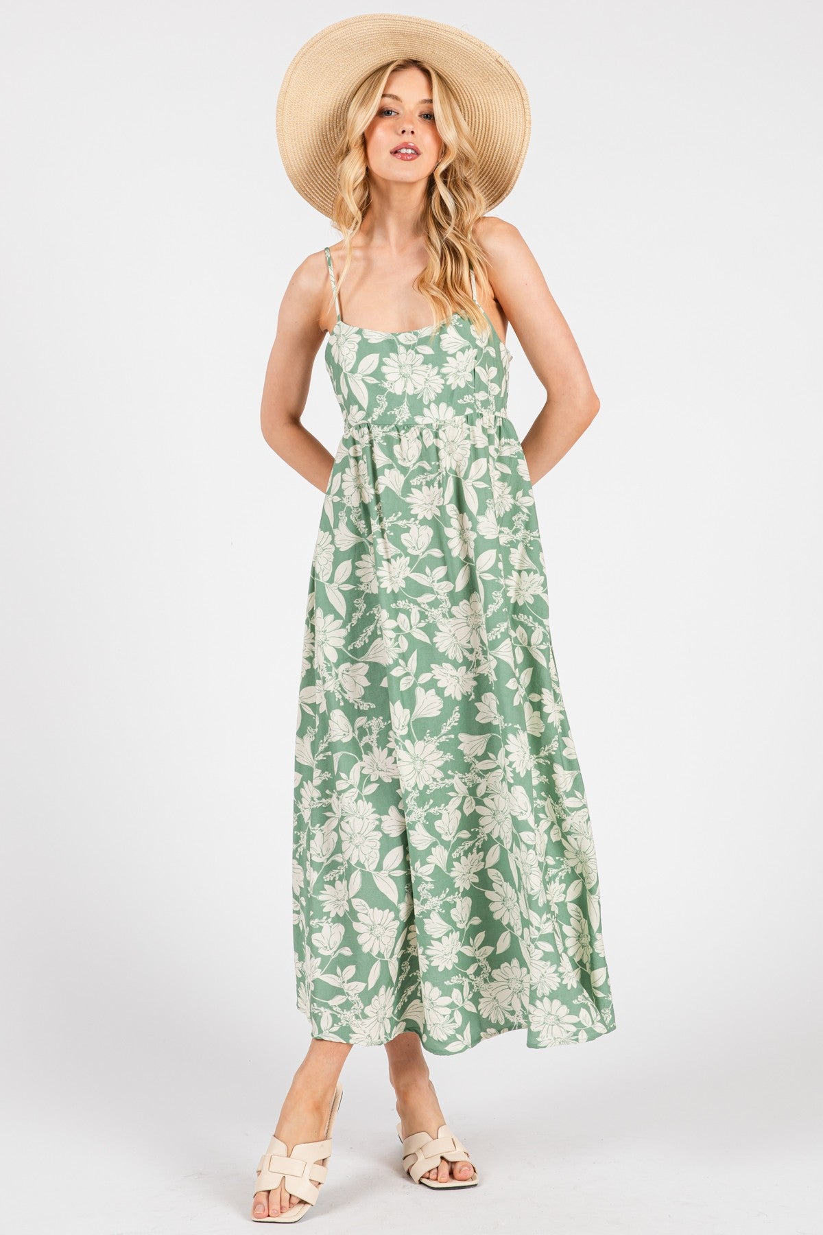 Light Olive Floral Sleeveless Midi Dress