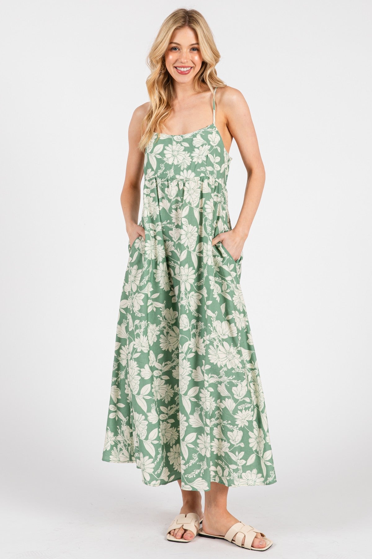 Light Olive Floral Sleeveless Midi Dress