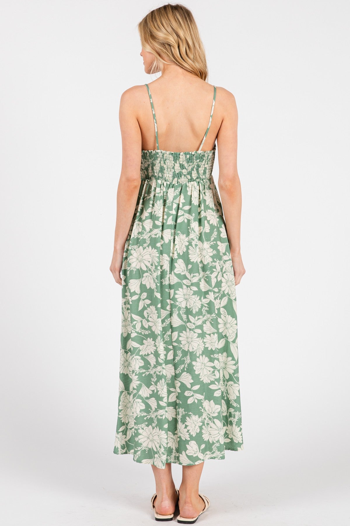 Light Olive Floral Sleeveless Midi Dress