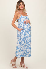 Blue Floral Sleeveless Maternity Midi Dress