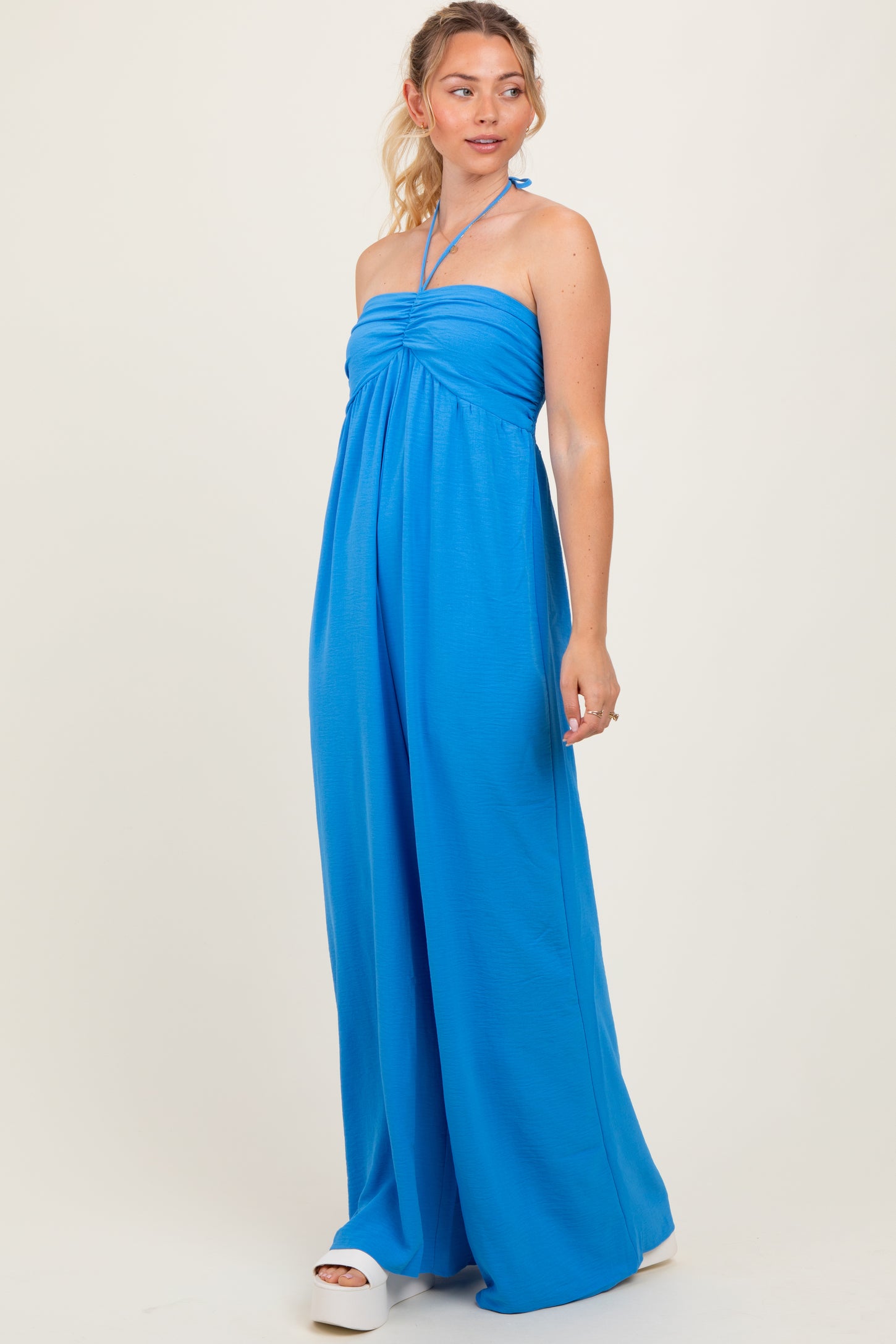 Blue Halter Neck Wide Leg Maternity Jumpsuit
