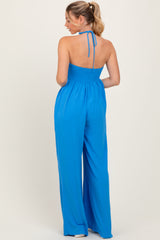 Blue Halter Neck Wide Leg Jumpsuit