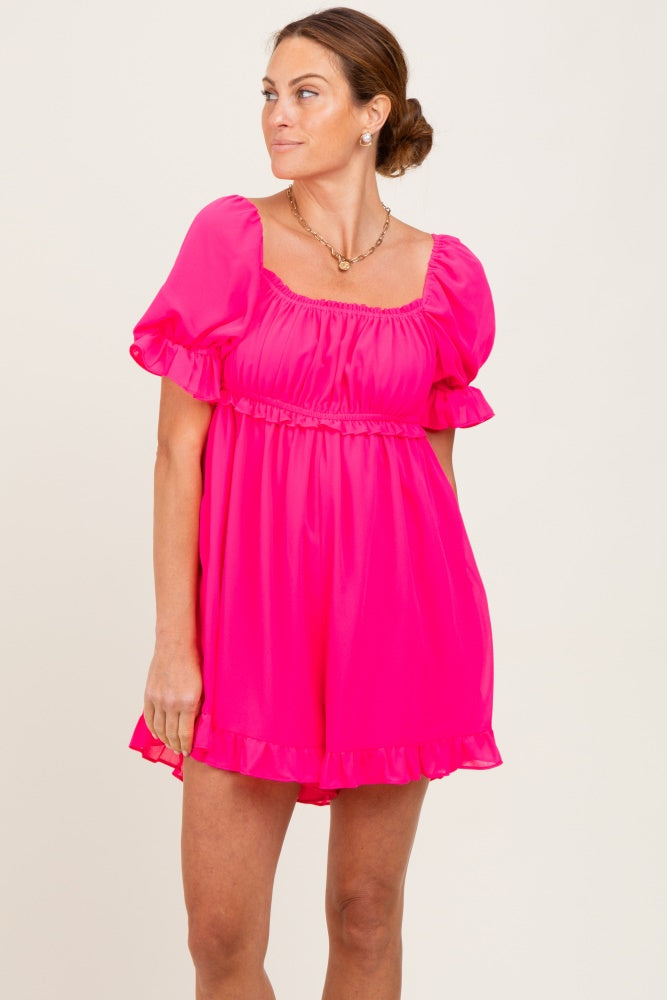 Fuchsia Ruffle Trim Square Neck Romper