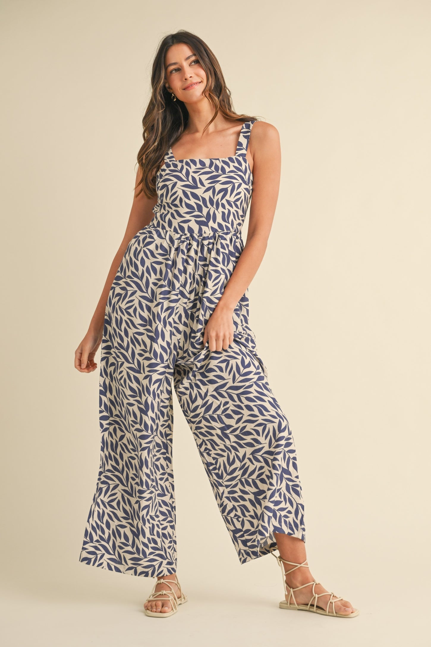 Navy Leaf Print Buckle Strap Wide Leg Maternity Jumpsuit